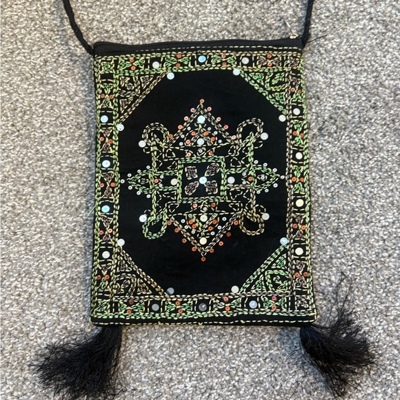 Embroidered Purse Ethnic Black Crossbody Bag with Sequins and Tassels - Picture 7 of 10